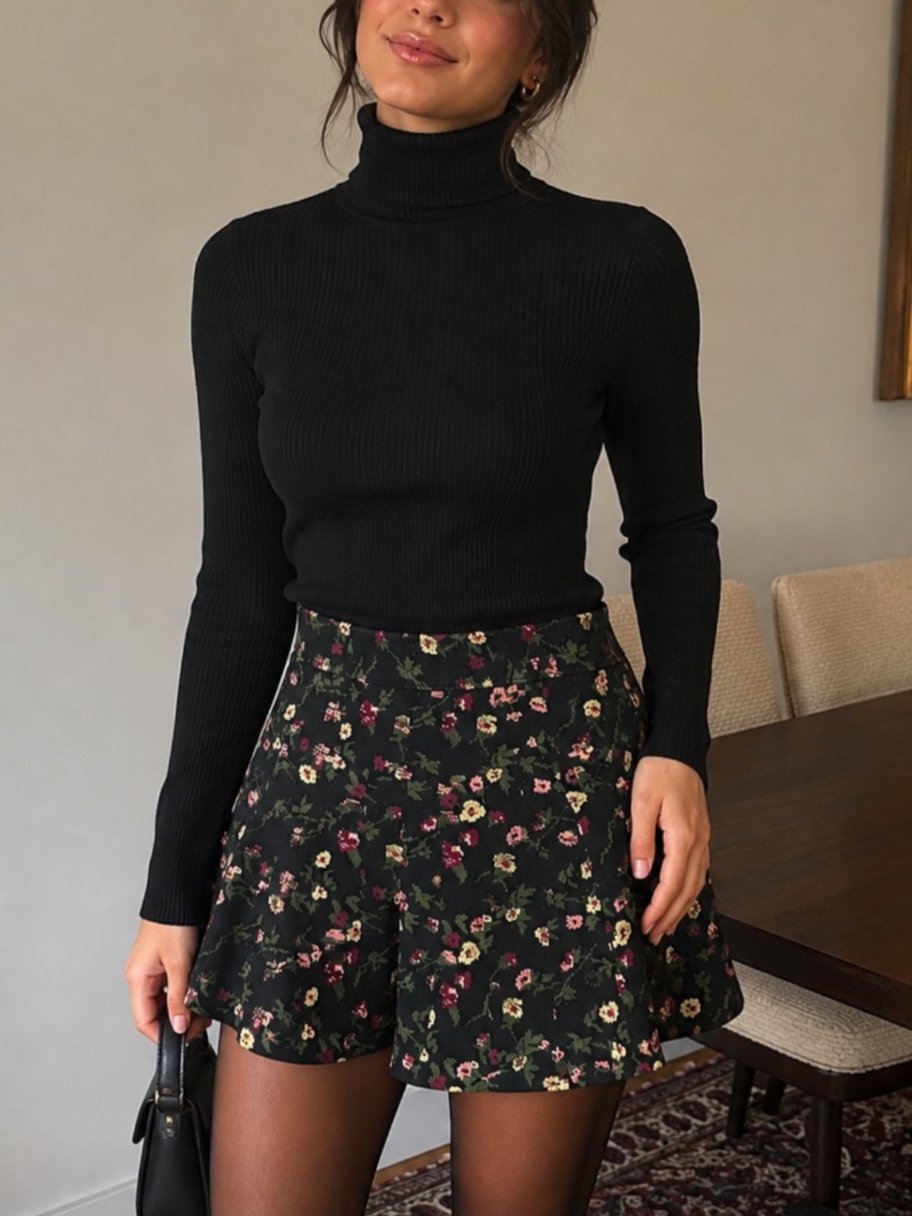Club Monaco Floral Knit Skirt Black Pink Cream Size XS A-Line Flared